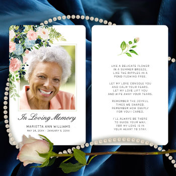 Sympathy Pink Blue Rose Floral Photo Prayer Card by ilovedigis at Zazzle