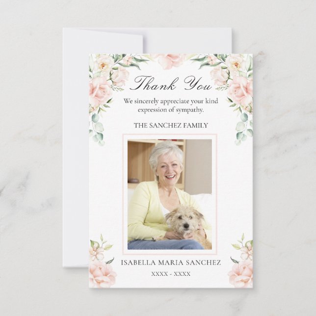 Sympathy Pink Floral Funeral Photo Thank You Card (Front)