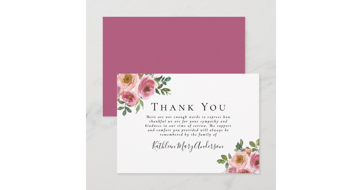 Sympathy Pink Floral Funeral Thank You Card | Zazzle