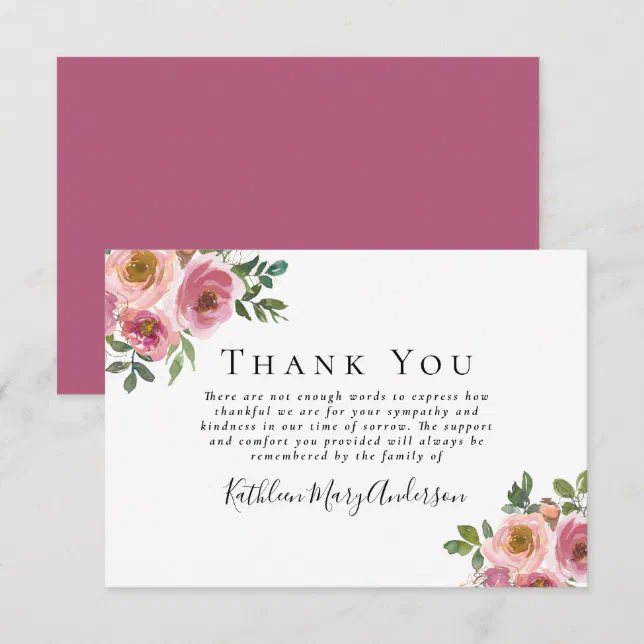 Sympathy Pink Floral Funeral Thank You Card | Zazzle