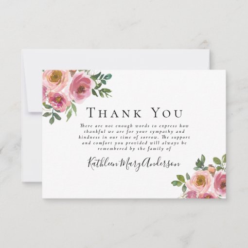 Sympathy Pink Floral Funeral Thank You Card | Zazzle