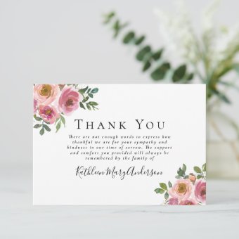 Sympathy Pink Floral Funeral Thank You Card | Zazzle