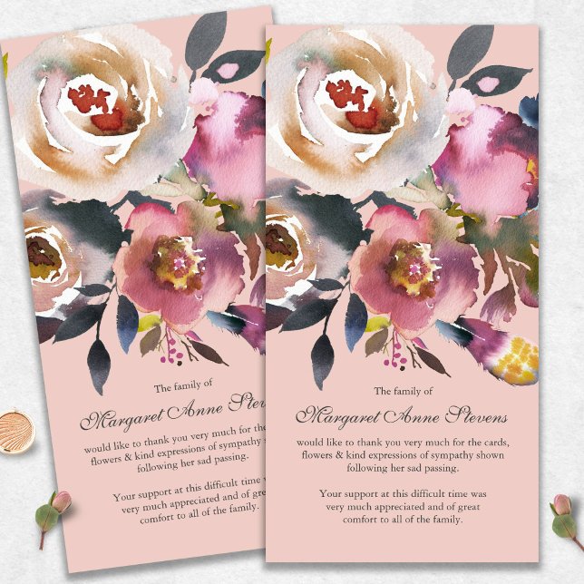 Sympathy Pink Floral Funeral Thank You Cards (funeral thank you cards, bereavement, elegant, simple, celebration of life, sympathy card)