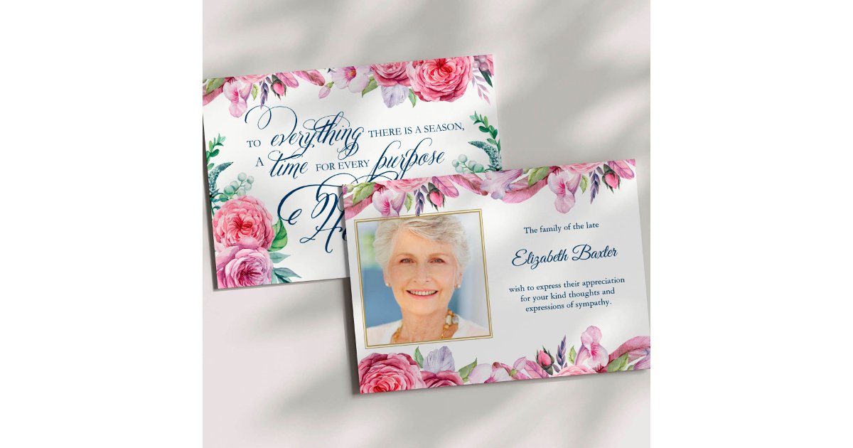 Sympathy Pink Floral Photo Funeral Thank You Card | Zazzle