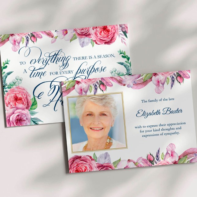 Sympathy Pink Floral Photo Funeral Thank You Card (There Is A Season Pink Floral Condolence Sympathy Bereavement Funeral Thank You Card)