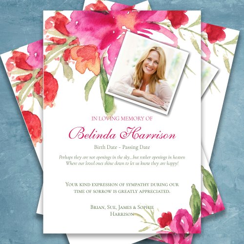 Sympathy Pink Floral Photo Funeral Thank You Card