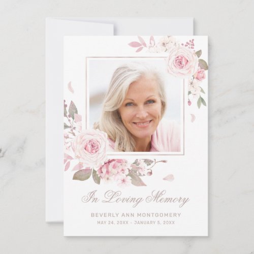 Sympathy Pink Rose Floral Gold Cross Photo Funeral Thank You Card