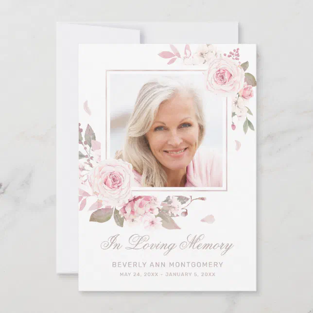 Sympathy Pink Rose Floral Gold Cross Photo Funeral Thank You Card | Zazzle