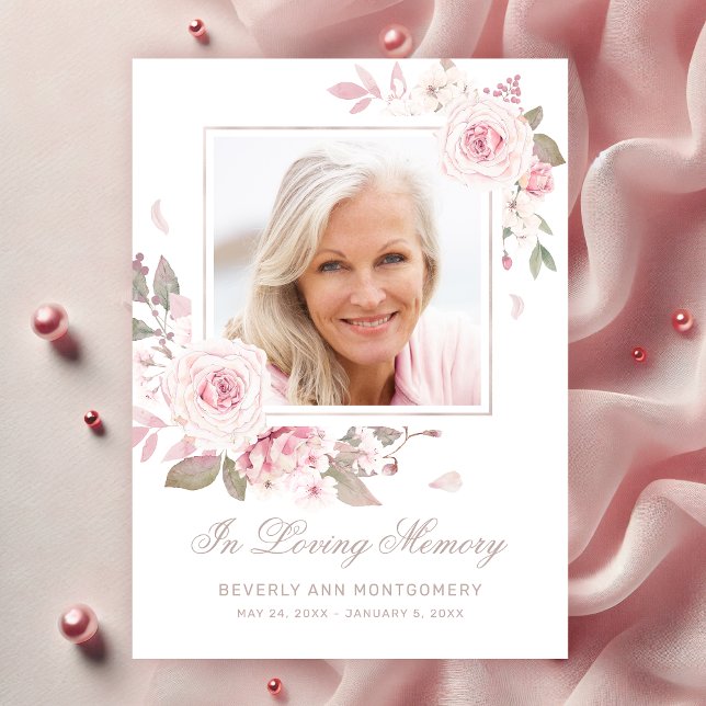 Sympathy Pink Rose Floral Gold Cross Photo Funeral Thank You Card (Sympathy Pink Roses Photo Religious Funeral Thank You Card)