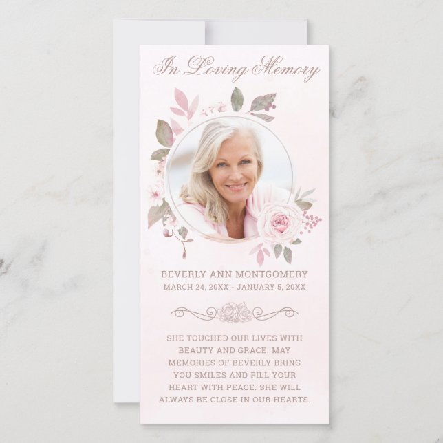 Sympathy Pink Rose Floral Photo Funeral Prayer (Front)