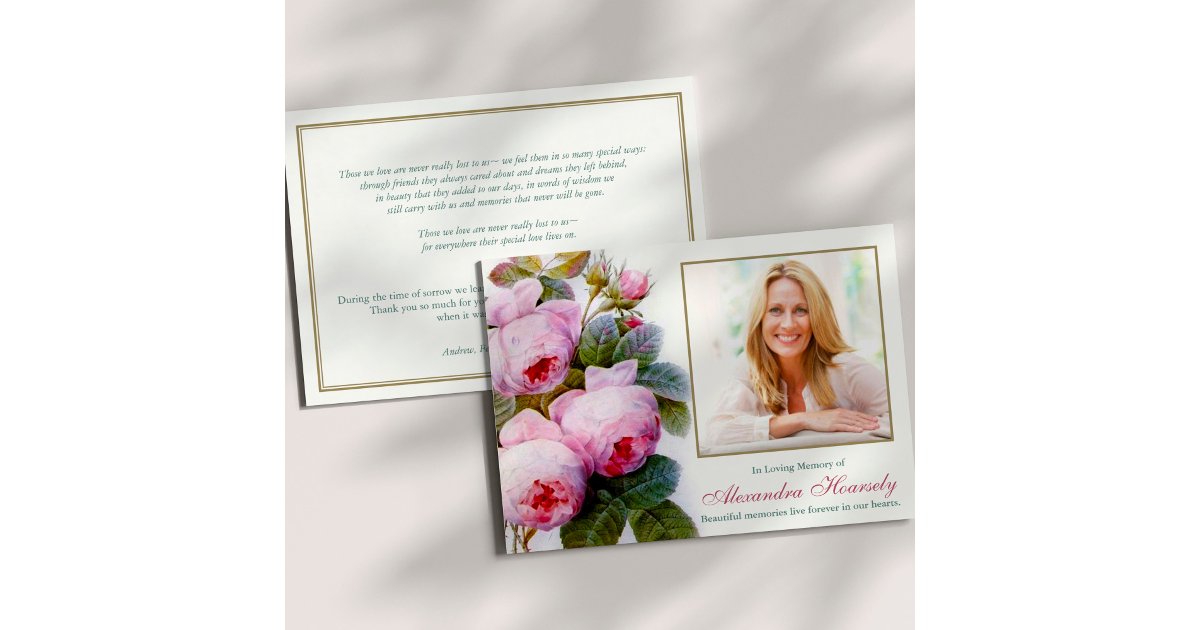 Sympathy Pink Roses Photo Funeral Thank You Card | Zazzle