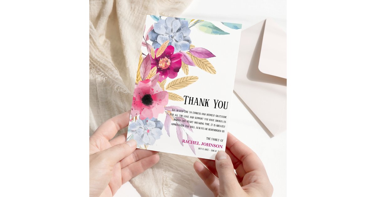 Sympathy Pink Watercolor Floral Funeral Thank You Card | Zazzle