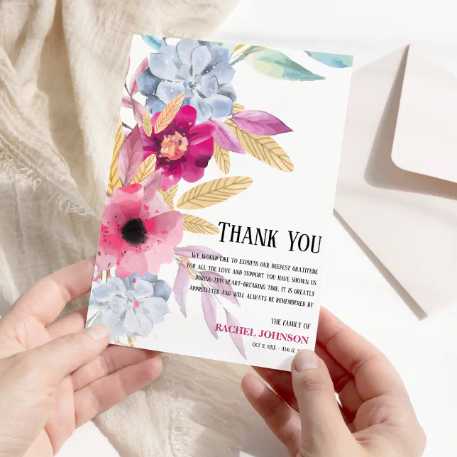 Sympathy Pink Watercolor Floral Funeral Thank You Card | Zazzle