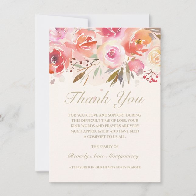 Sympathy Pink Watercolor Floral Thank You (Front)