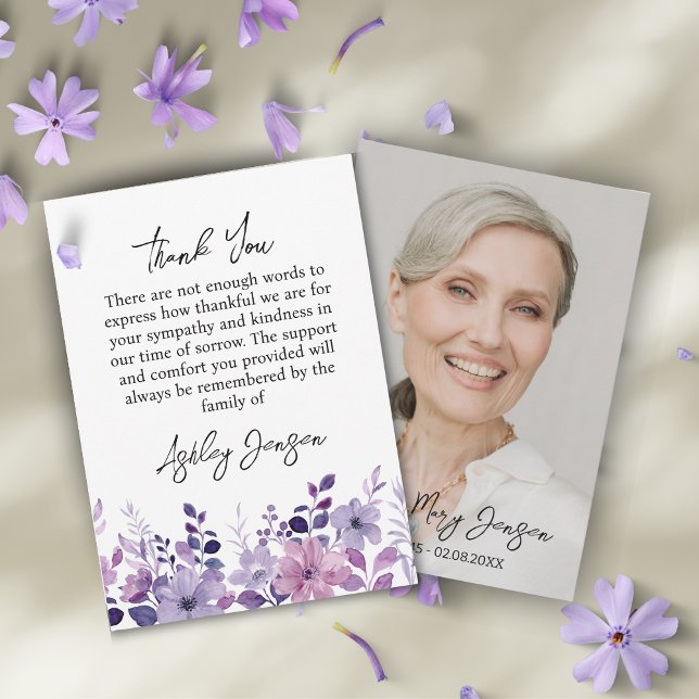 Sympathy Purple Floral Photo Thank You Card (Creator Uploaded)