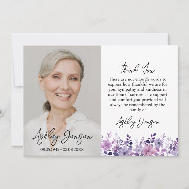 Sympathy Purple Flower Photo Thank You Card (Front)