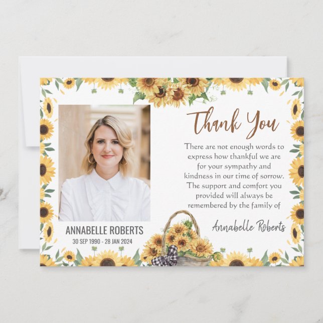Sympathy Purple Sunflowers Photo Funeral  Thank You Card (Front)