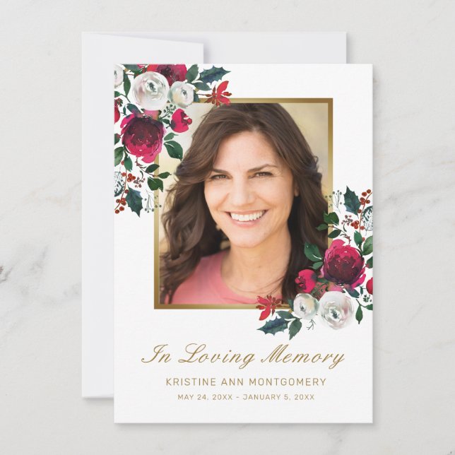 Sympathy Red Rose Floral Gold Cross Photo Funeral Thank You Card (Front)