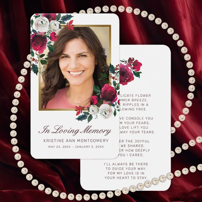 Sympathy Red Rose Floral Gold Photo Prayer Card (Elegant Red Rose memorial Photo card with a poem or prayer on the back.)