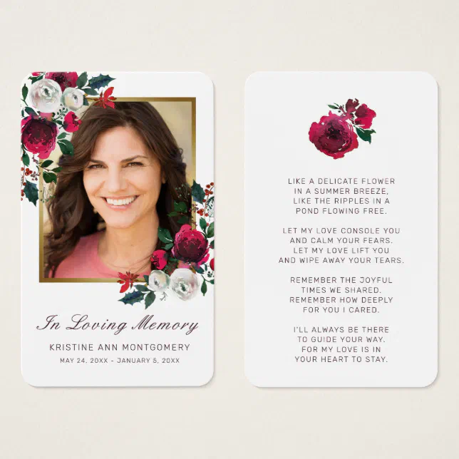 Sympathy Red Rose Floral Gold Photo Prayer Card | Zazzle