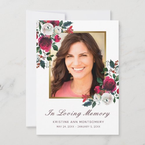 Sympathy Red Rose Floral Red Script Photo Funeral Thank You Card