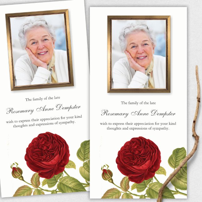 Sympathy Red Rose Photo Funeral Thank You Cards (funeral thank you cards, bereavement, elegant, simple, celebration of life, sympathy card)