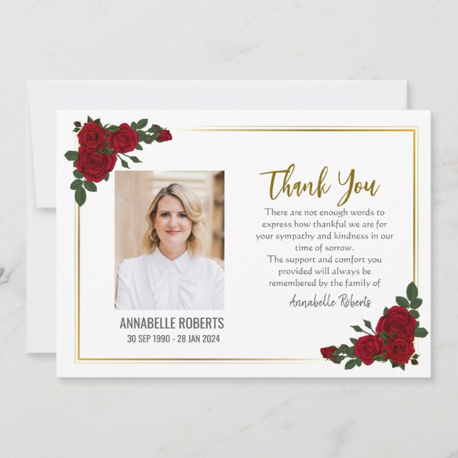 Sympathy Red Roses Golden Borders Photo Funeral  Thank You Card (Front)