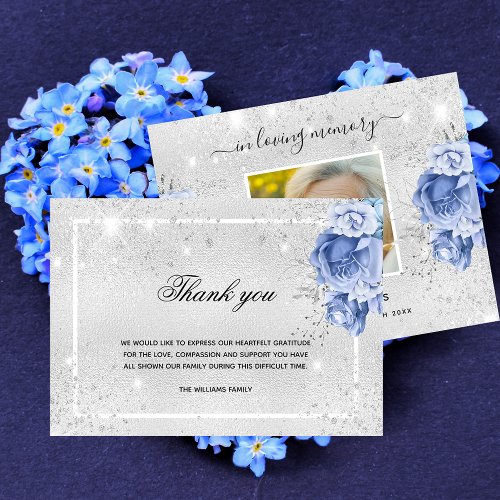 Sympathy silver blue floral photo sparkles thank you card