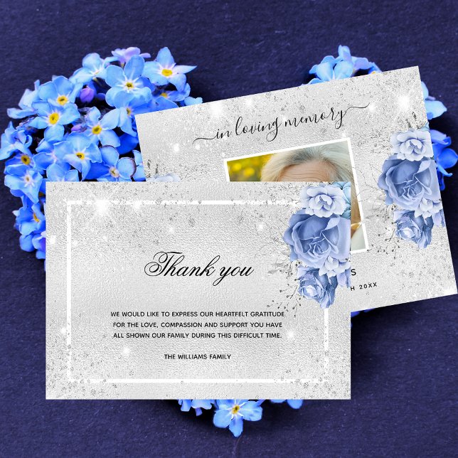 Sympathy silver blue floral photo sparkles thank you card (Creator Uploaded)