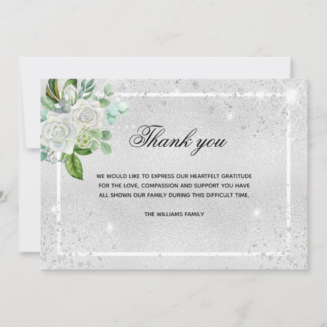 Sympathy silver glitter floral photo thank you (Front)