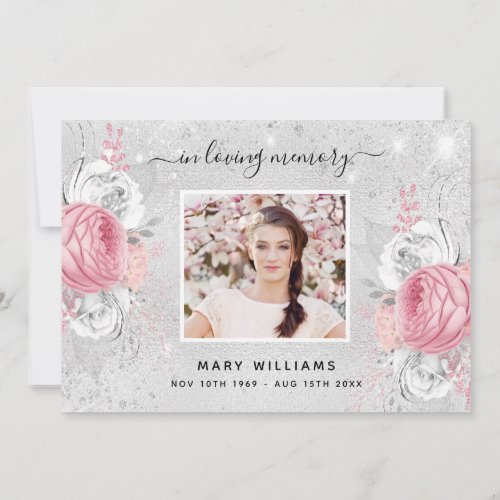Sympathy silver glitter pink floral photo thank you card