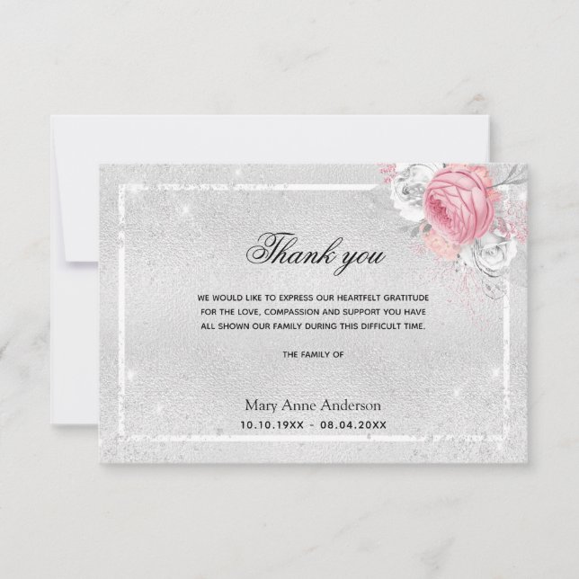 Sympathy silver pink flroal thank you (Front)