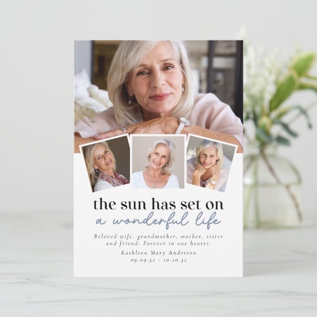 Sympathy Sun Has Set Quote Photo Funeral Thank You Card (Standing Front)