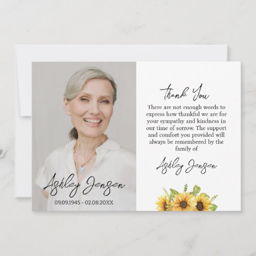 Sympathy Sunflower Photo Funeral Thank You Card