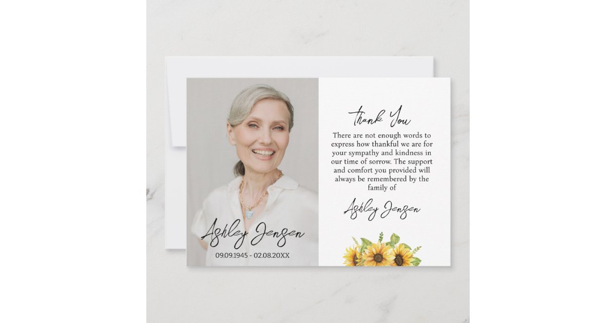 Sympathy Sunflower Photo Funeral Thank You Card | Zazzle