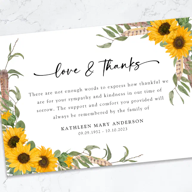 Sympathy Sunflowers Funeral Thank You Card | Zazzle