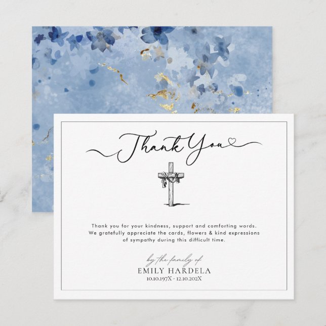 Sympathy Thank You Card Golden Blue Floral Design (Front/Back)