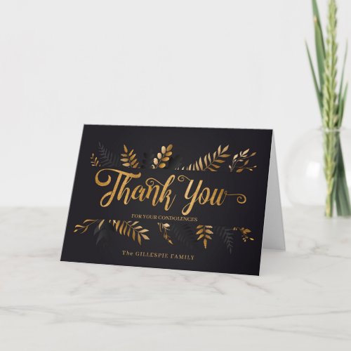 Sympathy Thank You Elegant Black Gold Botanical Card