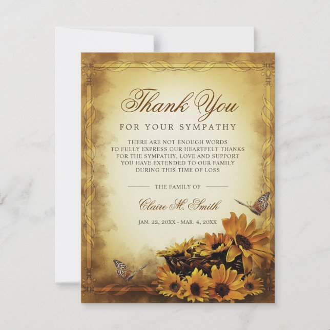 Sympathy Thank You Floral Sunflowers Butterfly Card (Front)