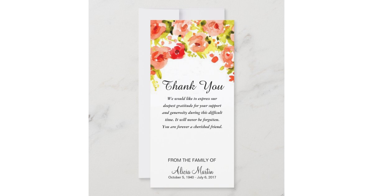 Sympathy Thank You Memorial Watercolor Floral Card | Zazzle