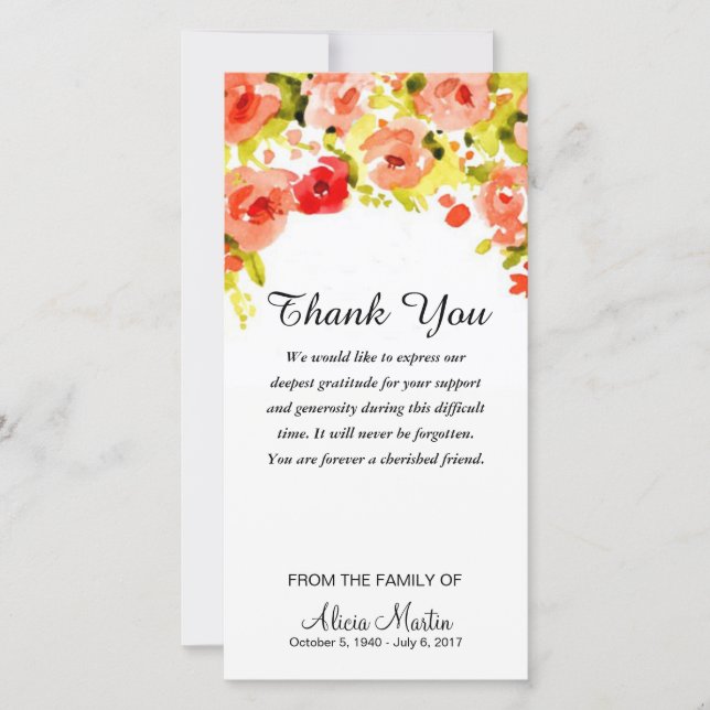 Sympathy Thank You Memorial Watercolor Floral Card (Front)