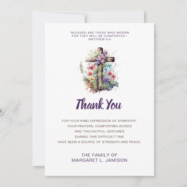 Sympathy Thank You Watercolor Floral Wooden Cross Announcement (Front)