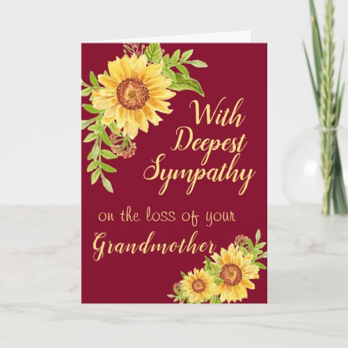 Sympathy Watercolor Floral Sunflower Burdundy Card