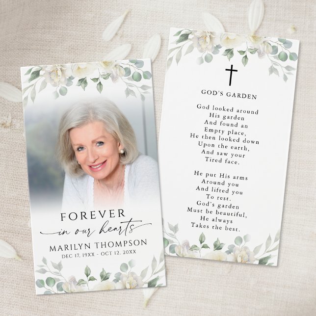 Sympathy White Floral Photo Cross Poem Prayer Card (Creator Uploaded)