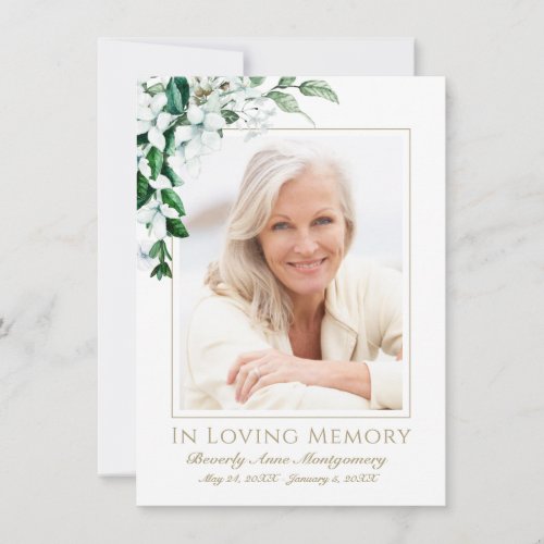 Sympathy White Magnolia Floral Photo Funeral Thank You Card
