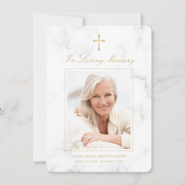 Sympathy White Marble Gold Script Photo Funeral Thank You Card (Front)