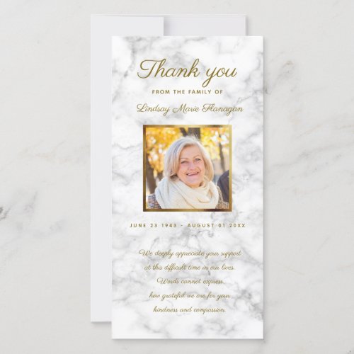 Sympathy White Marble Memorial Gold Photo Frame Thank You Card