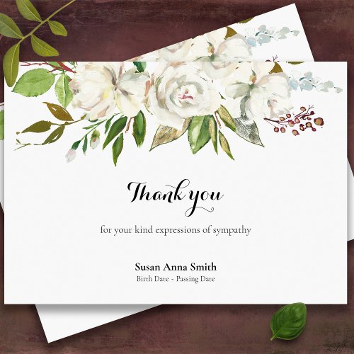 Sympathy White Roses Funeral Thank You Card