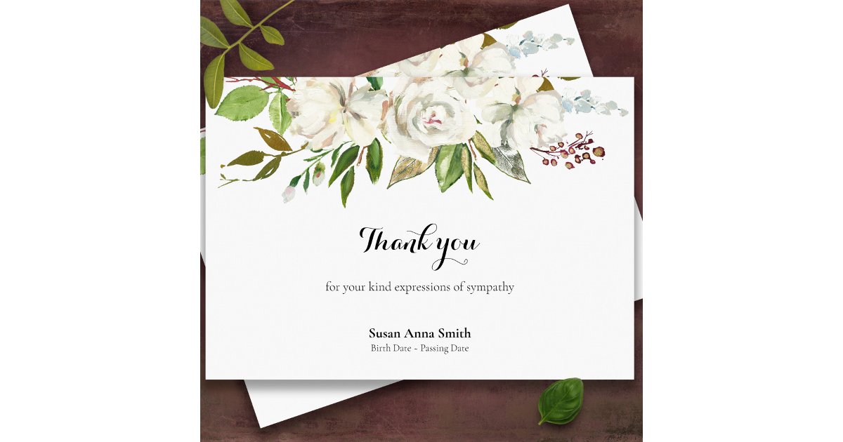 Sympathy White Roses Funeral Thank You Card | Zazzle
