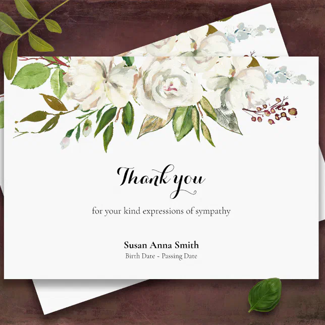 Sympathy White Roses Funeral Thank You Card | Zazzle